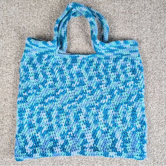 Hand Crafted Handbags - Handmade Crochet Tote Bag Blue Wave Pattern Beach Market Bag